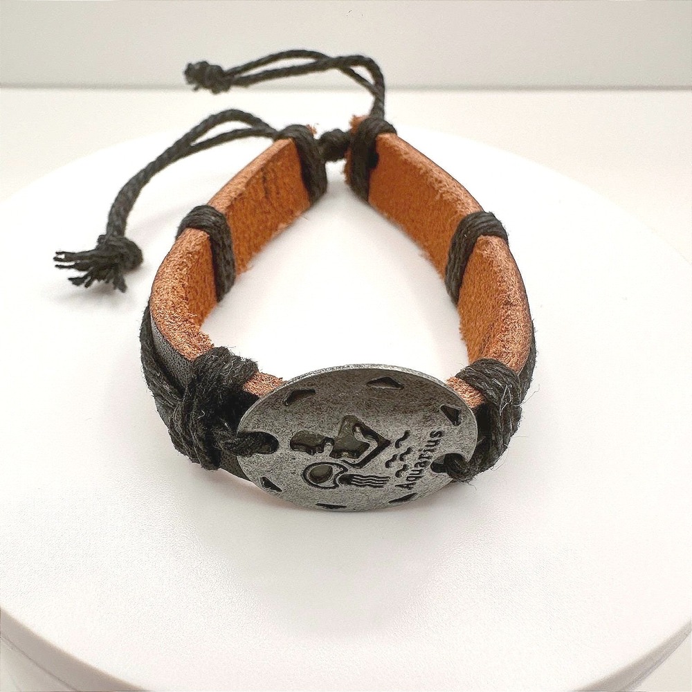 Vintage 90s Aquarius Zodiac Leather Bracelet Black & Brown Adjustable Unisex
